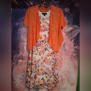 Perceptions Orange Floral Midi Dress with Cardigan
